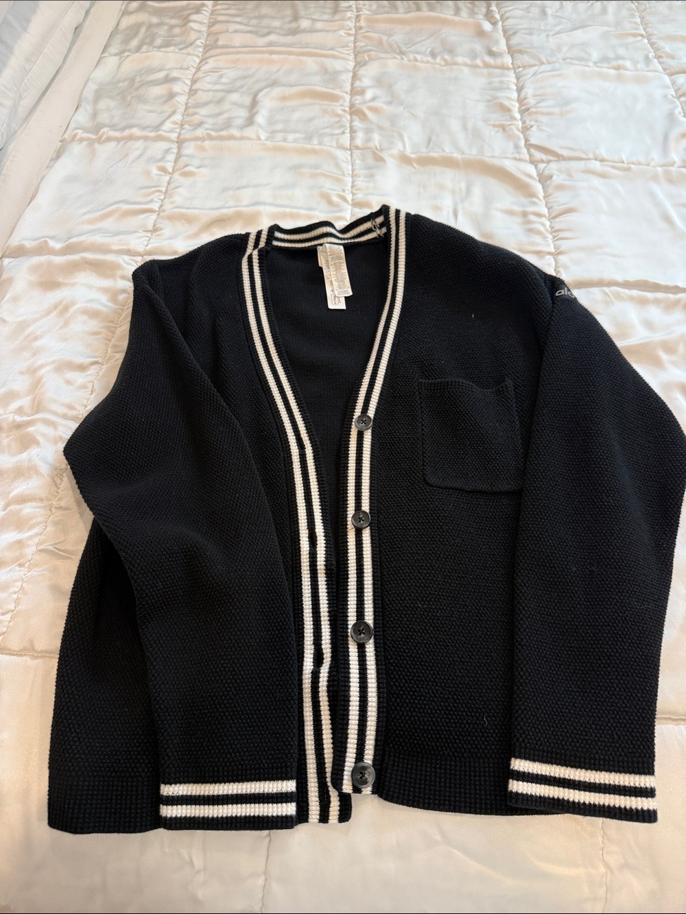 ALO Yoga Black Cardigan with White Stripe Trim